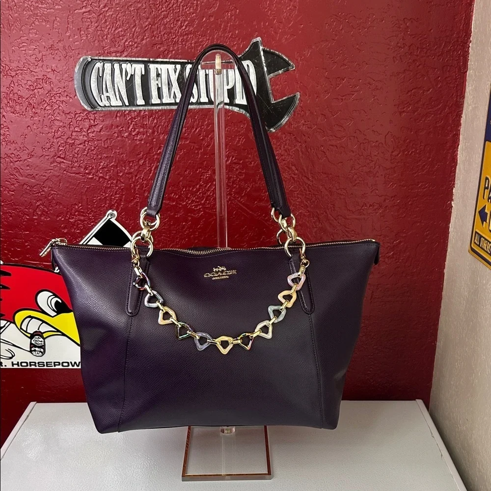 Coach Dark Purple Tote with Heart Chain